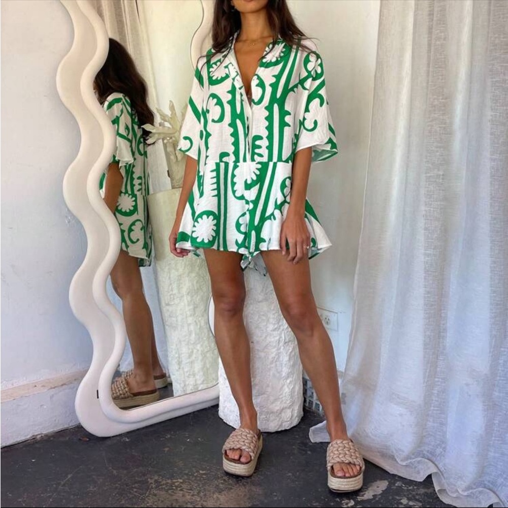 SHEIN Green and White Patterned Romper